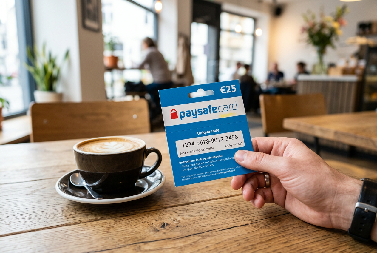 Ręka trzymająca kupon Paysafecard przy filiżance kawy.